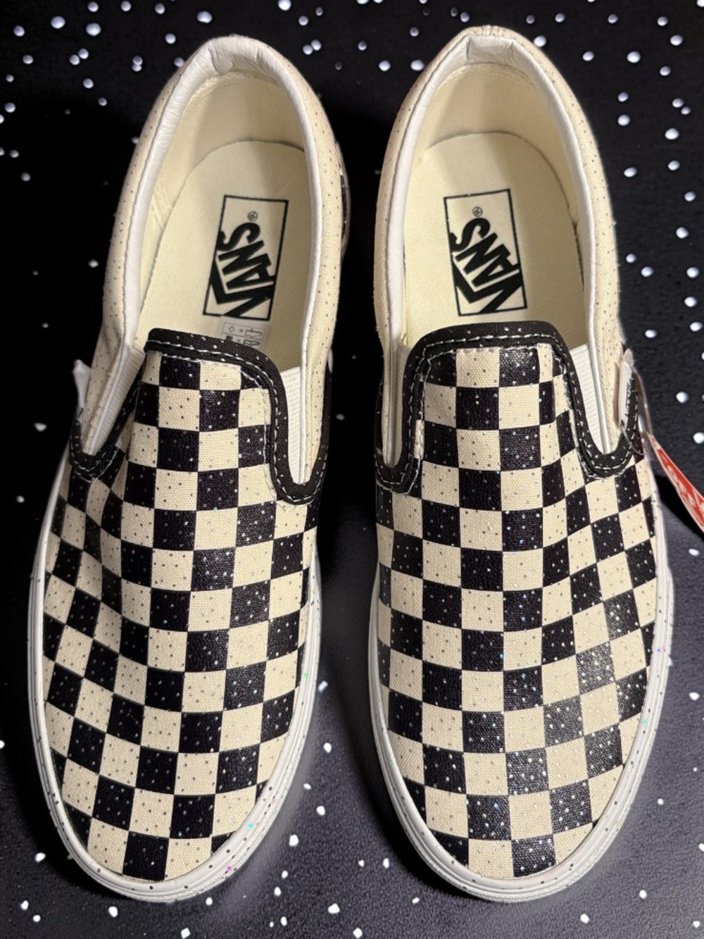 Vans Black & True White (Confetti) Checkerboard Slip-On Sneakers